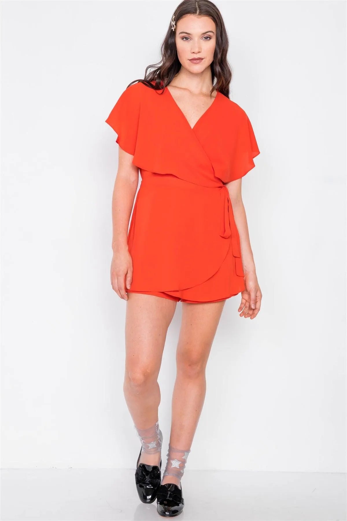 Coral Mock Wrap Butterfly Sleeve Romper / 3-2-2 - Tasha Apparel Wholesale