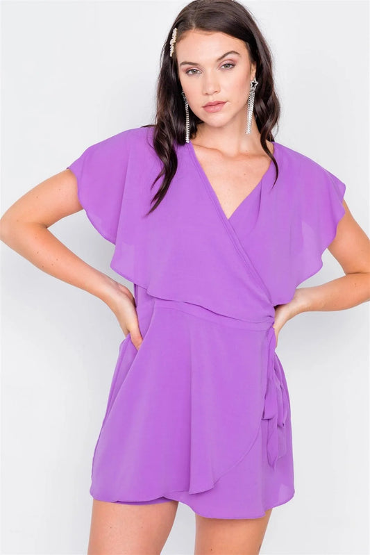 Purple Mock Wrap Butterfly Sleeve Romper / 2-2-2 - Tasha Apparel Wholesale