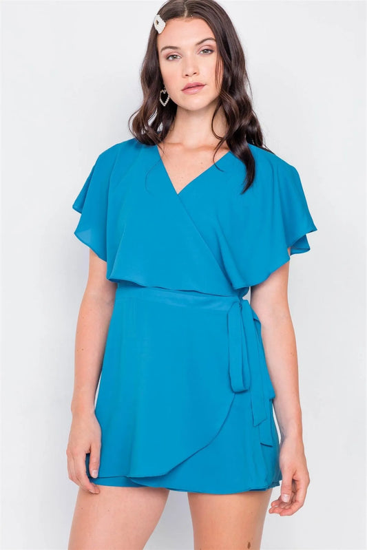 Turquoise Mock Wrap Butterfly Sleeve Romper / 2-2-2 - Tasha Apparel Wholesale