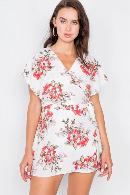 Coral Floral Mock Wrap Butterfly Sleeve Romper / 2-2-2 - Tasha Apparel Wholesale