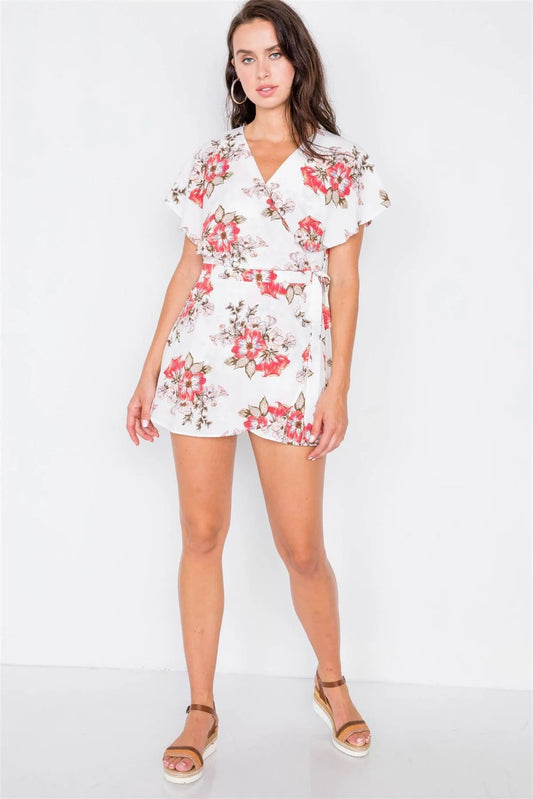 Coral Floral Mock Wrap Butterfly Sleeve Romper / 1-2-3 - Tasha Apparel Wholesale