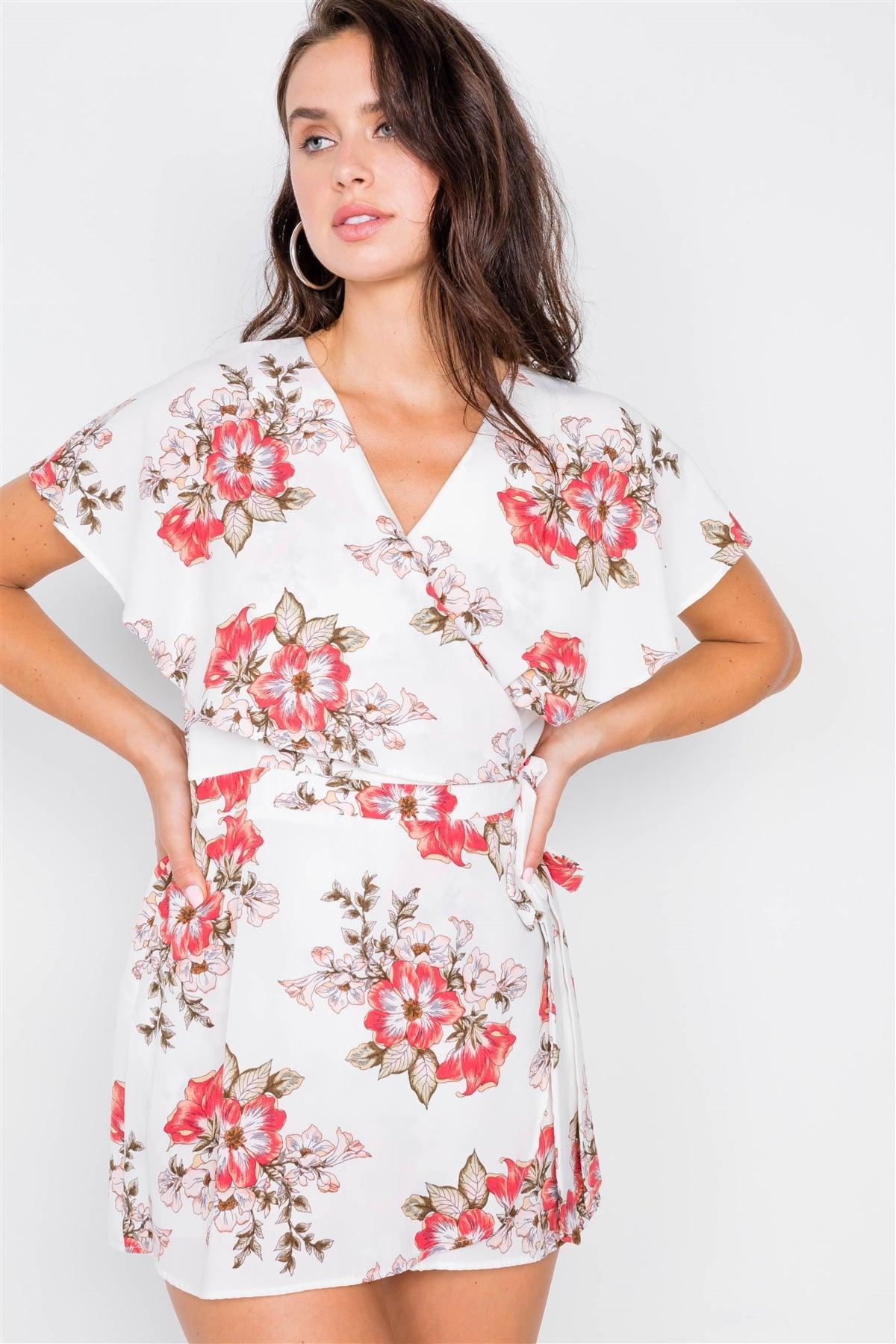 Coral Floral Mock Wrap Butterfly Sleeve Romper / 1-2-3