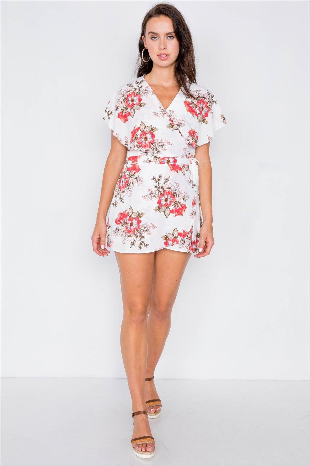 Coral Floral Mock Wrap Butterfly Sleeve Romper / 1-2-3