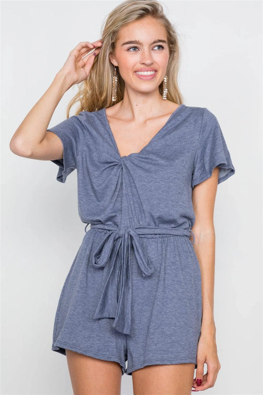 Denim Blue V-Neck Front Roll Knot Jersey Romper - Tasha Apparel Wholesale