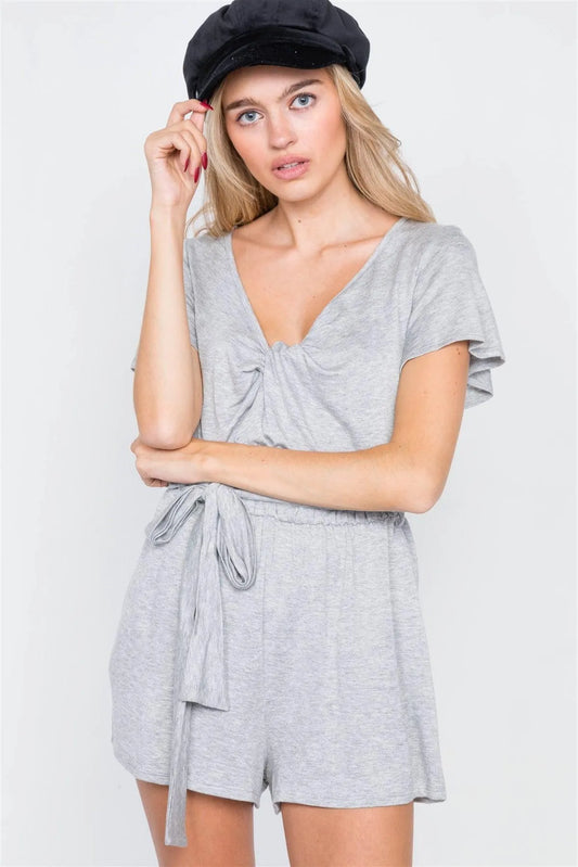 Heather Grey V-Neck Front Roll Knot Jersey Romper /2-2-2 - Tasha Apparel Wholesale