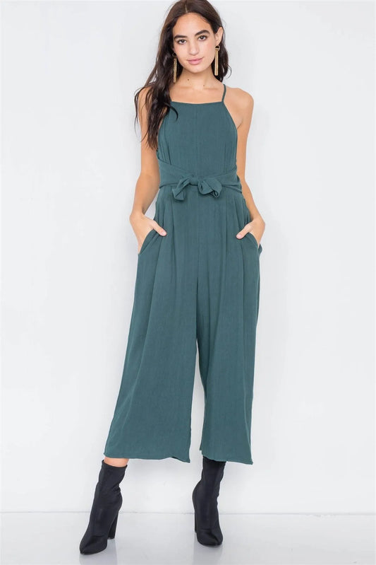 Heather Green Mock Wrap Pleated Gaucho Jumpsuit /2-2-2 - Tasha Apparel Wholesale