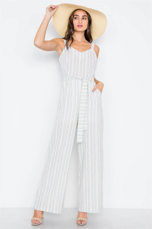 Ivory Aqua Stripe Wide Leg Boho Jumpsuit - Tasha Apparel Wholesale