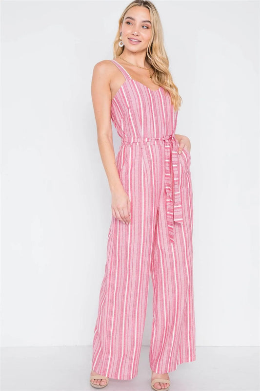 Pink Stripe Wide Leg Boho Jumpsuit /2-2-2 - Tasha Apparel Wholesale