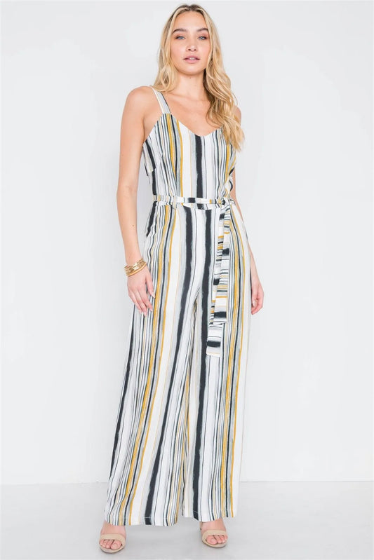 Black Mustard Stripe Wide Leg Jumpsuit /2-2-2 - Tasha Apparel Wholesale