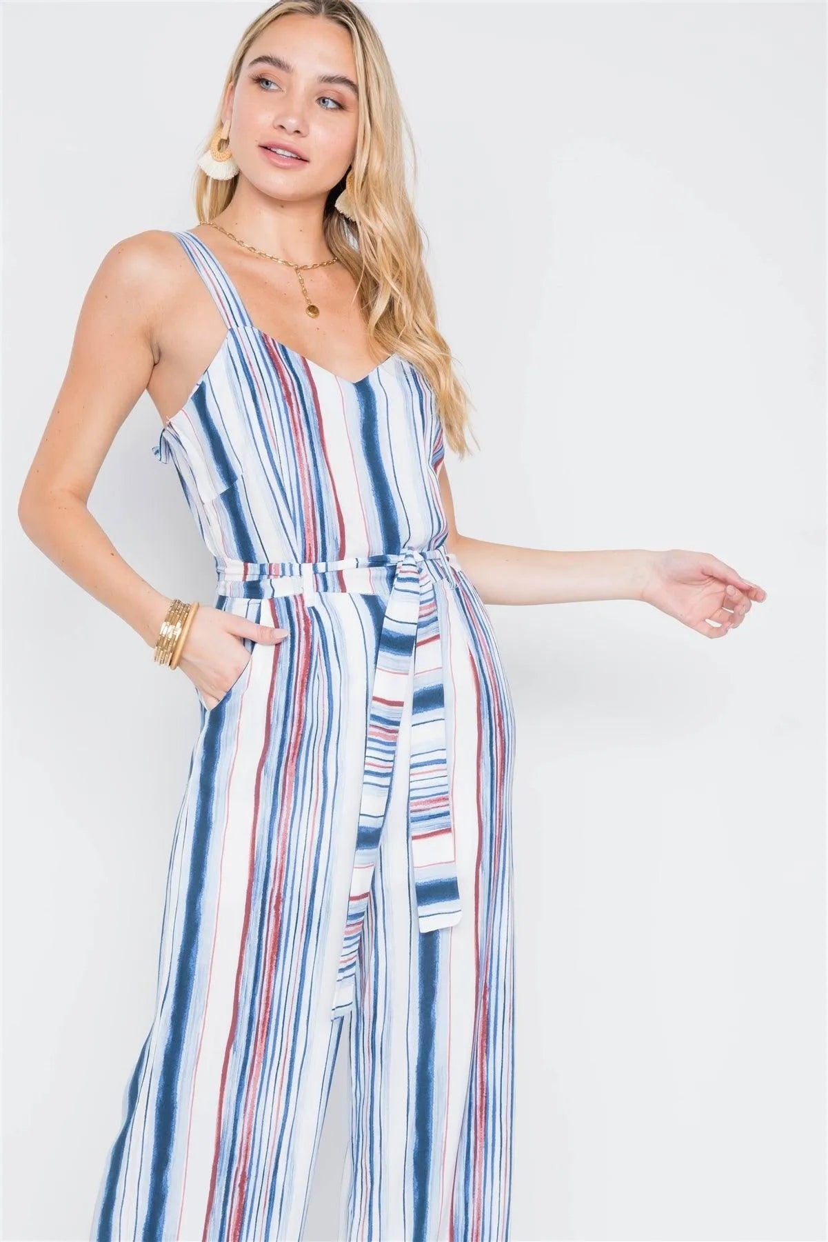 Navy Burgundy Stripe Wide Leg Jumpsuit /1-2-2 - Tasha Apparel Wholesale