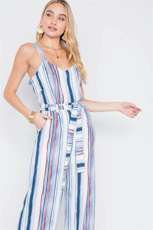 Navy Burgundy Stripe Wide Leg Jumpsuit /1-2-2 - Tasha Apparel Wholesale