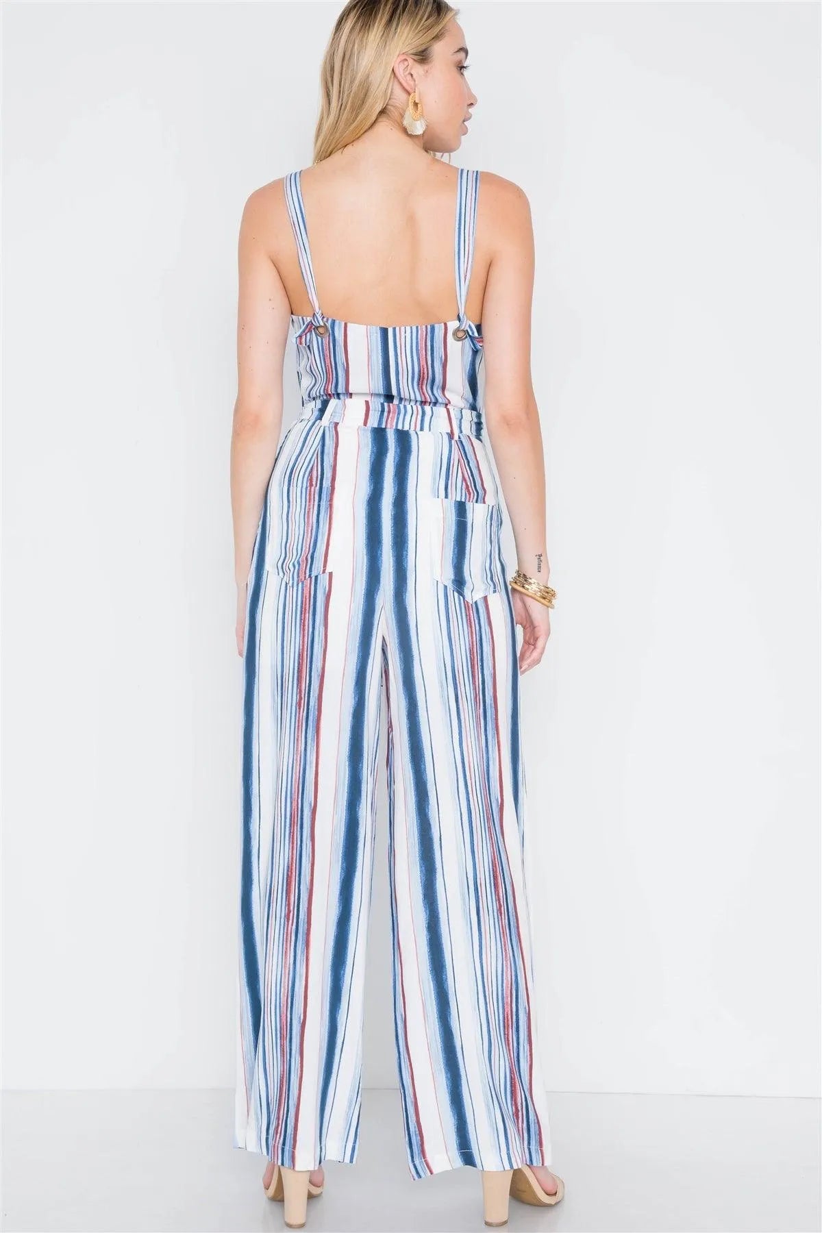 Navy Burgundy Stripe Wide Leg Jumpsuit /1-2-2 - Tasha Apparel Wholesale