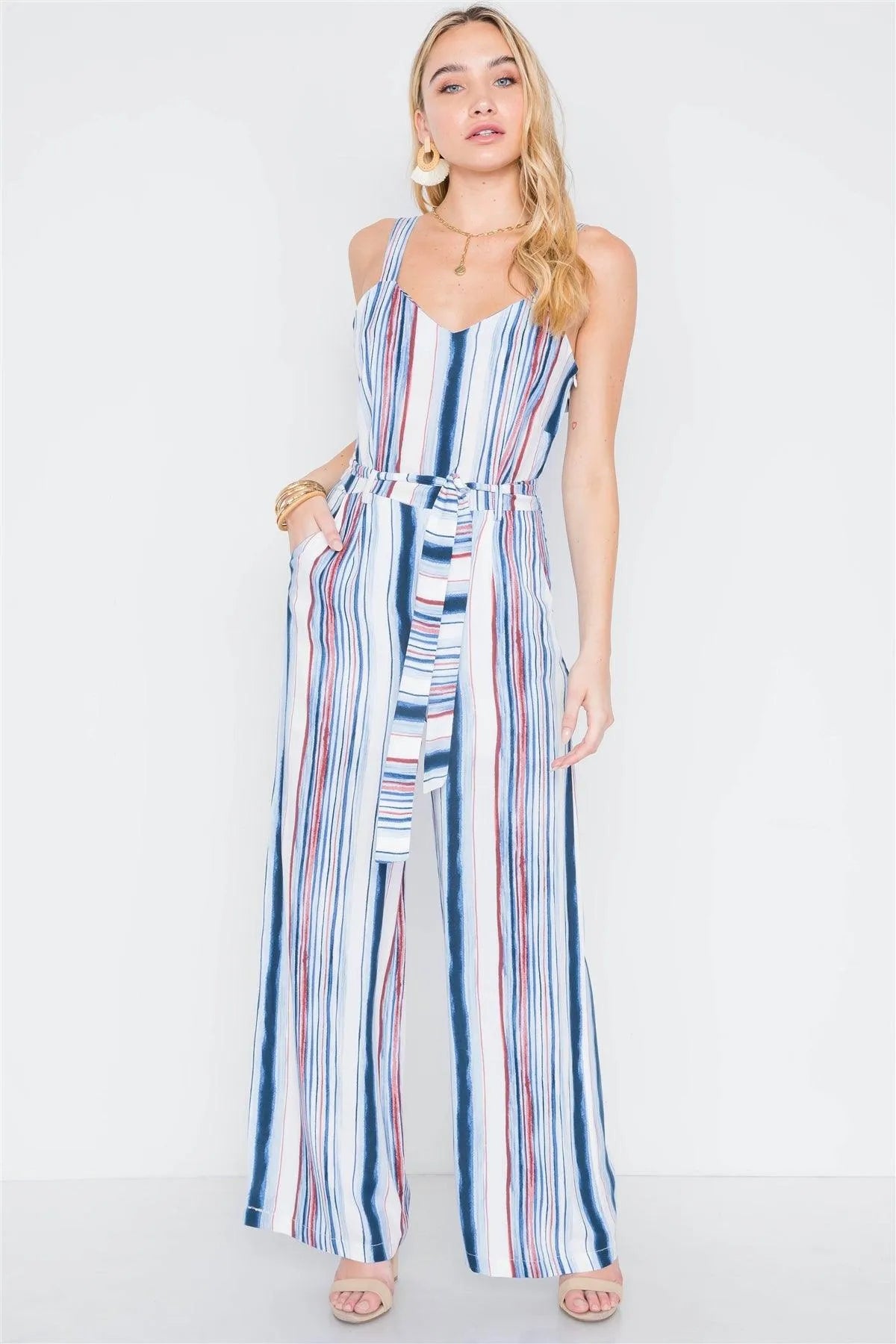 Navy Burgundy Stripe Wide Leg Jumpsuit /2-2-2 - Tasha Apparel Wholesale
