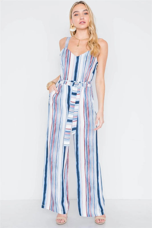 Navy Burgundy Stripe Wide Leg Jumpsuit /2-2-2 - Tasha Apparel Wholesale