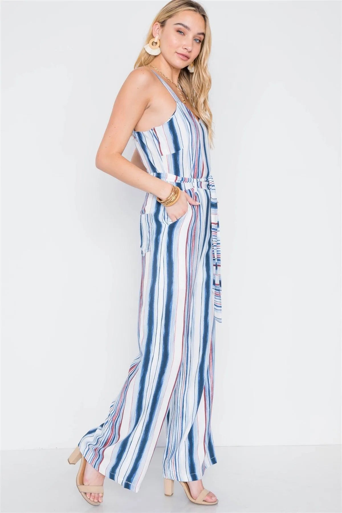 Navy Burgundy Stripe Wide Leg Jumpsuit /2-2-2 - Tasha Apparel Wholesale