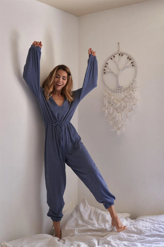 Navy Long Sleeve V-Neck Adjustable Elastic Waist Jumpsuit /2-2-2 - Tasha Apparel Wholesale