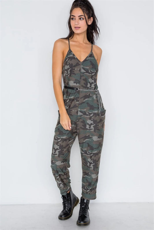 Green Camouflage Knit Cami Harem Jumpsuit /2-2-2 - Tasha Apparel Wholesale
