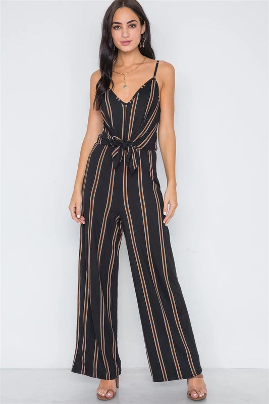 Black Stripe Knit Cami Front Tie Jumpsuit /2-2-2 - Tasha Apparel Wholesale