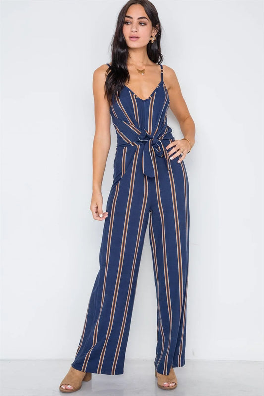 Multi Navy Stripe Knit Cami Front Tie Jumpsuit /2-2-2 - Tasha Apparel Wholesale