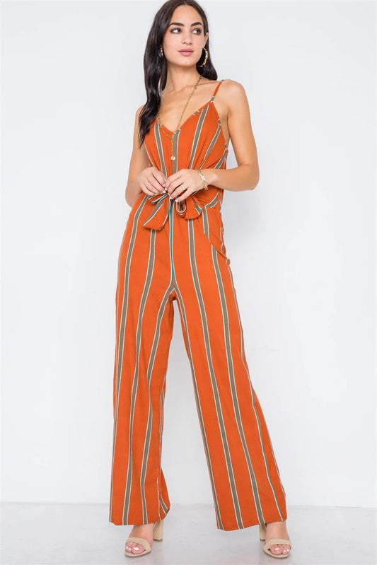 Multi Rust Stripe Knit Cami Front Tie Jumpsuit /4-2 - Tasha Apparel Wholesale
