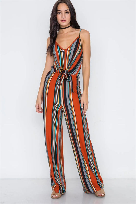 Multi Stripe Knit Cami Front Tie Jumpsuit /2-2-2 - Tasha Apparel Wholesale