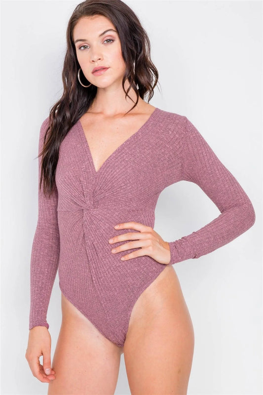 Purple Ribbed Front Knot Knit Bodysuit /2-2-2 - Tasha Apparel Wholesale
