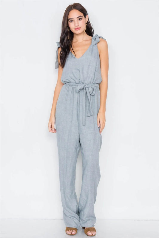 Light Blue Linen V-Neck Mock Wrap Jumpsuit /3-2 - Tasha Apparel Wholesale