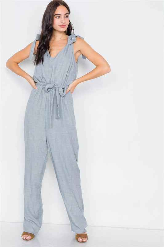 Light Blue Linen V-Neck Mock Wrap Jumpsuit /3-2-1 - Tasha Apparel Wholesale
