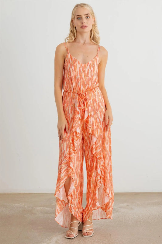 Printed Front Tie Ruffle Leg Jumpsuit - Tasha Apparel Wholesale