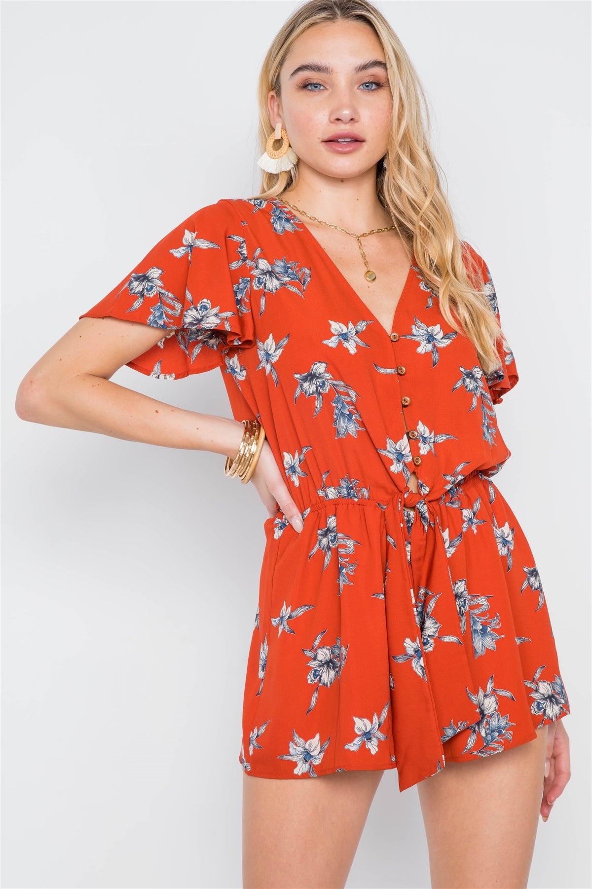 Rust Floral Button-Front Short Sleeve Romper /2-2-2