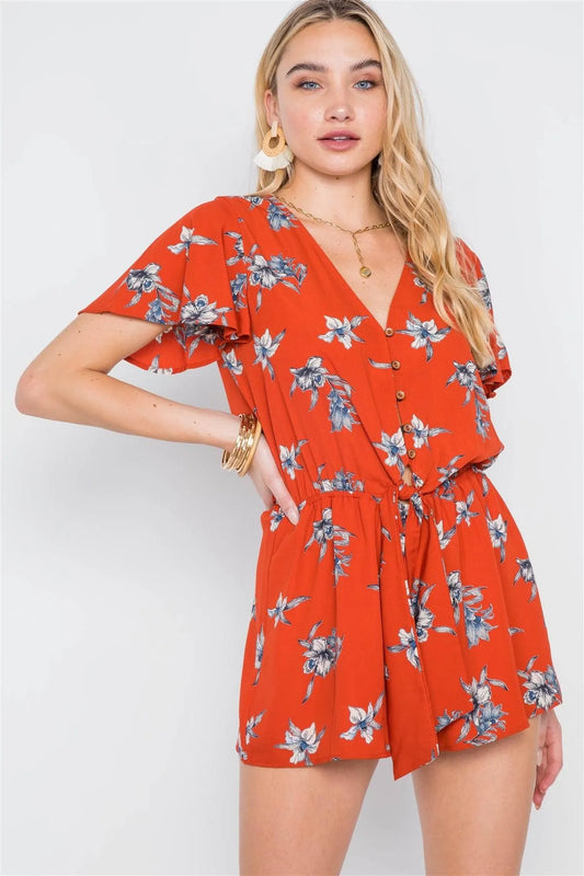 Rust Floral Button-Front Short Sleeve Romper /2-2-2 - Tasha Apparel Wholesale