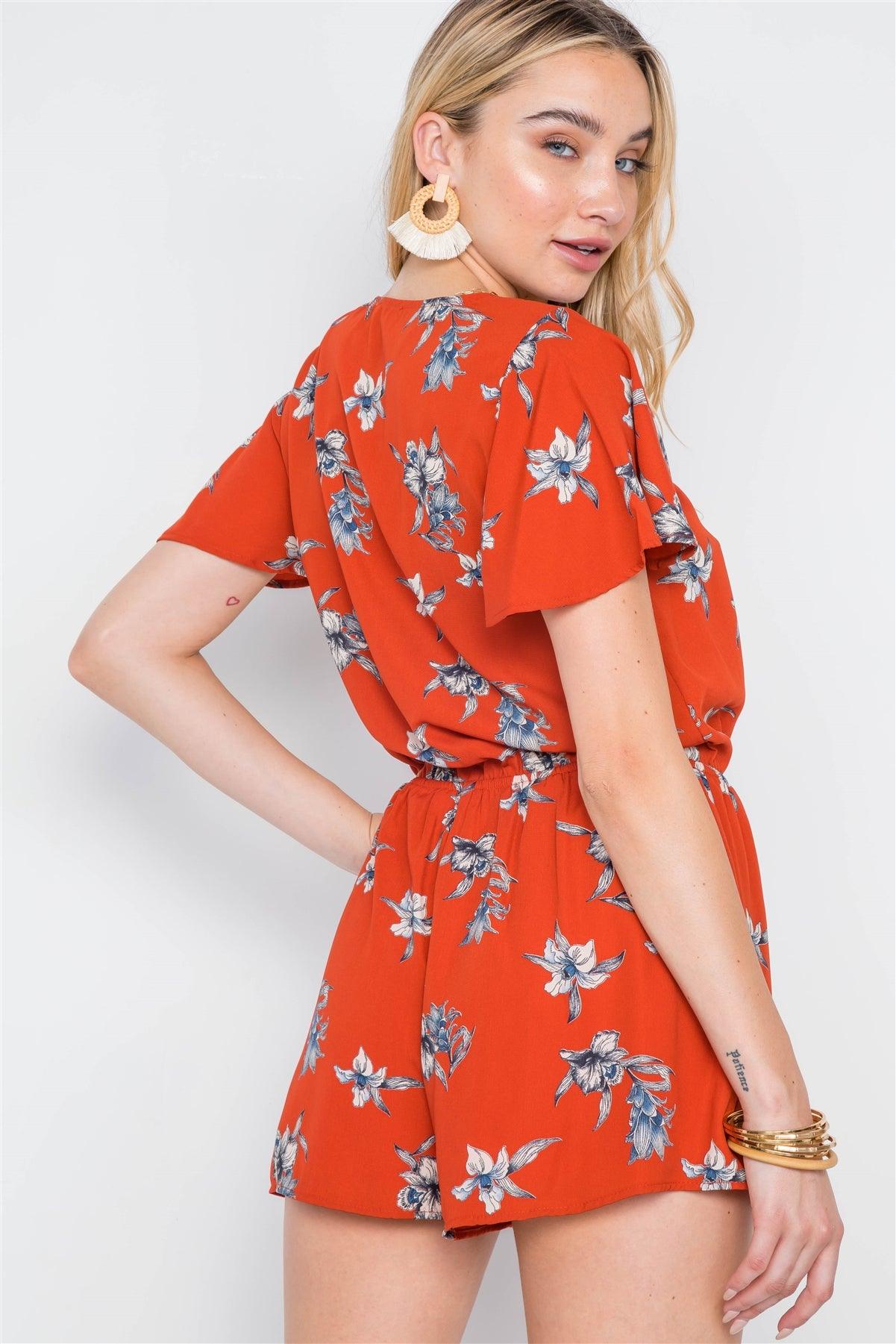 Rust Floral Button-Front Short Sleeve Romper /2-2-2