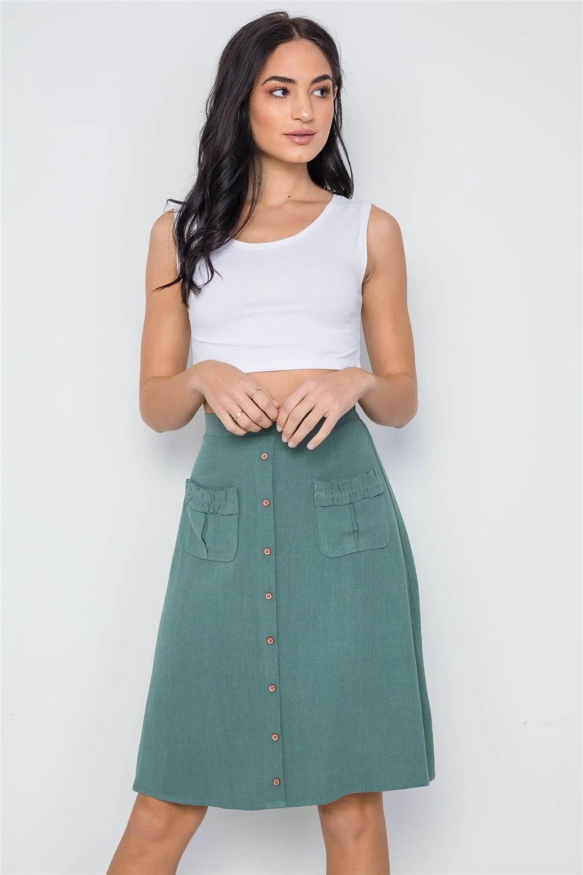 so Olive High Rise Rushed Pockets Button Detail Skirt /2-2-2 - Tasha Apparel Wholesale