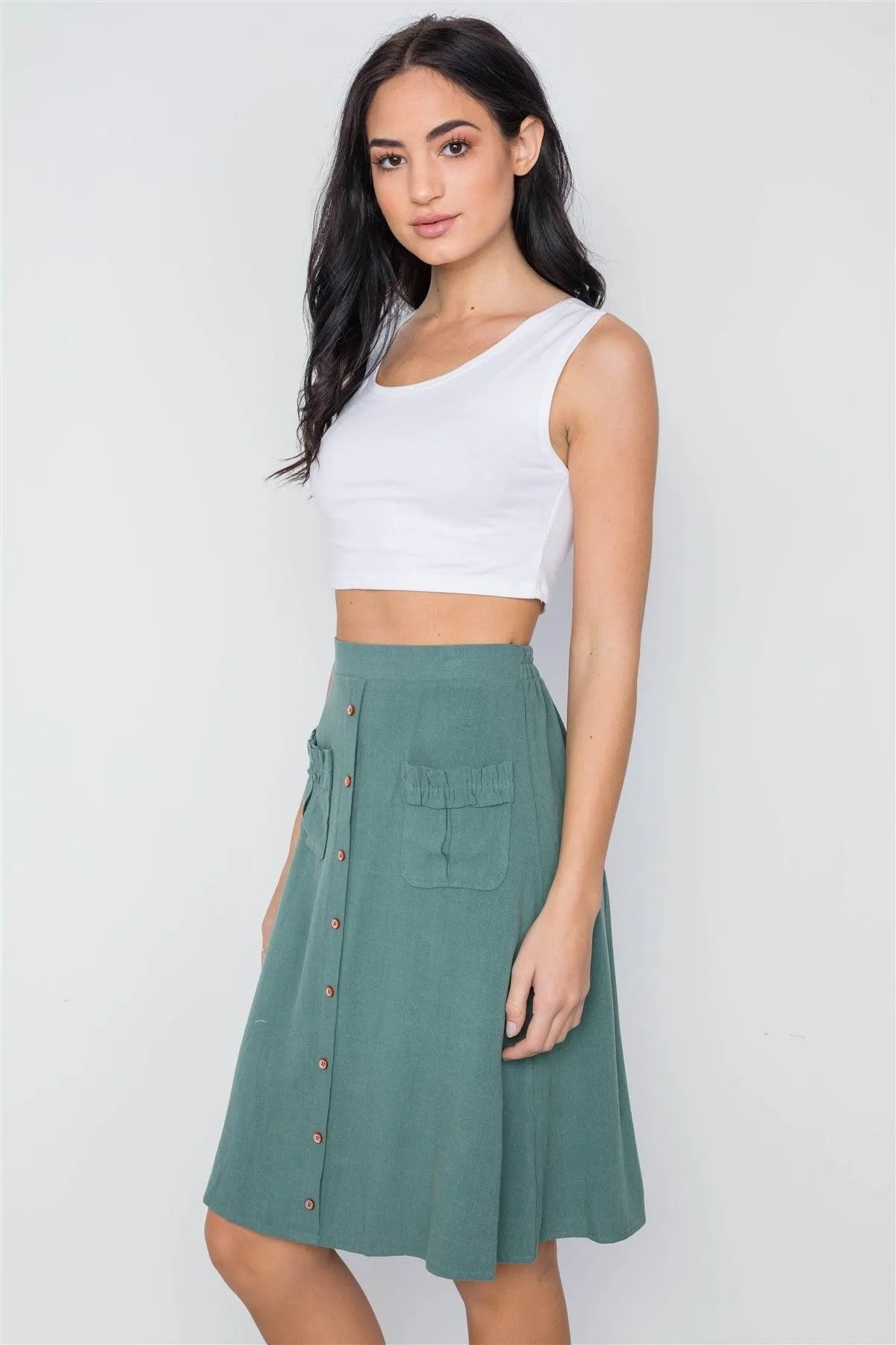 so Olive High Rise Rushed Pockets Button Detail Skirt /2-2-2 - Tasha Apparel Wholesale