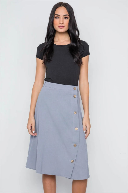 so Blue Solid Side Buttons Midi Skirt /2-2-2 - Tasha Apparel Wholesale
