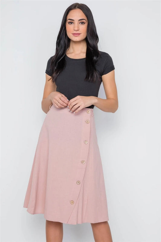 so Mauve Solid Side Buttons Midi Skirt /2-2-2 - Tasha Apparel Wholesale