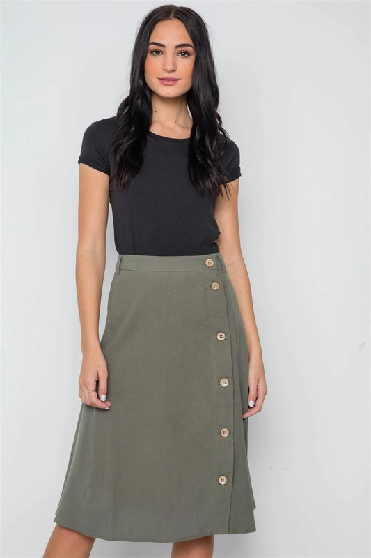 so Olive Solid Side Buttons Midi Skirt /2-2-2 - Tasha Apparel Wholesale