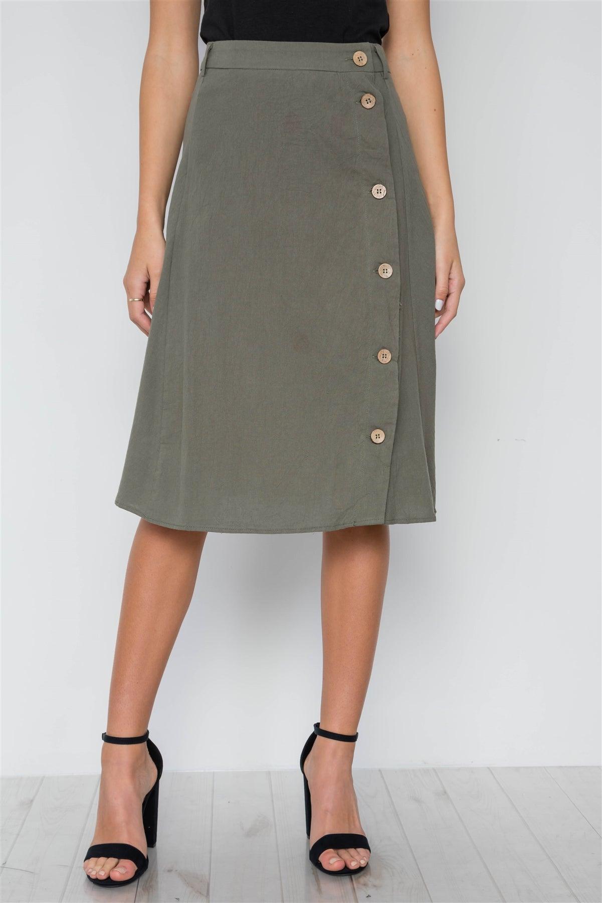 so Olive Solid Side Buttons Midi Skirt /2-2-2