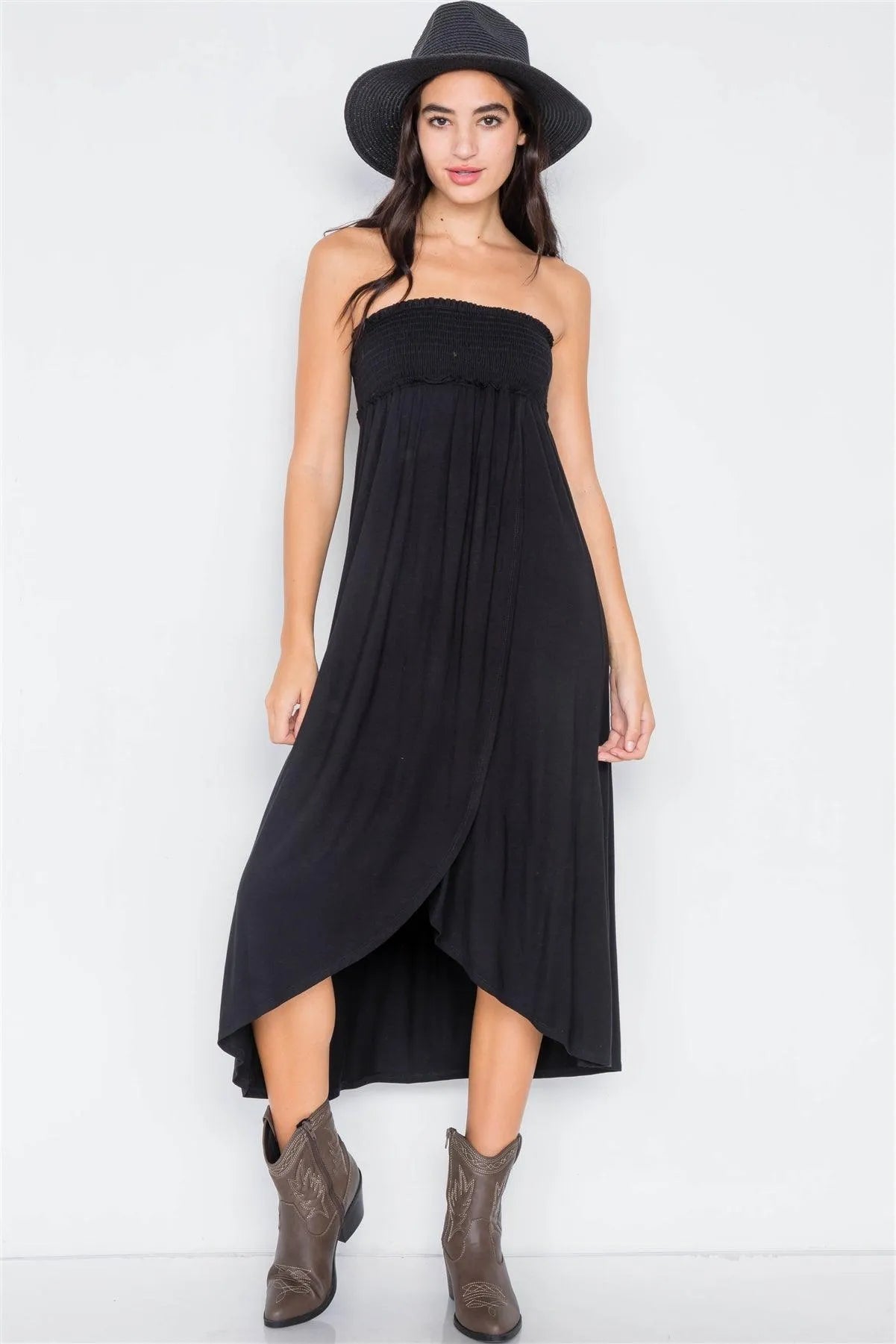 Black Off-The-Shoulder Ruched Tube Top Midi Dress /2-2-2 - Tasha Apparel Wholesale
