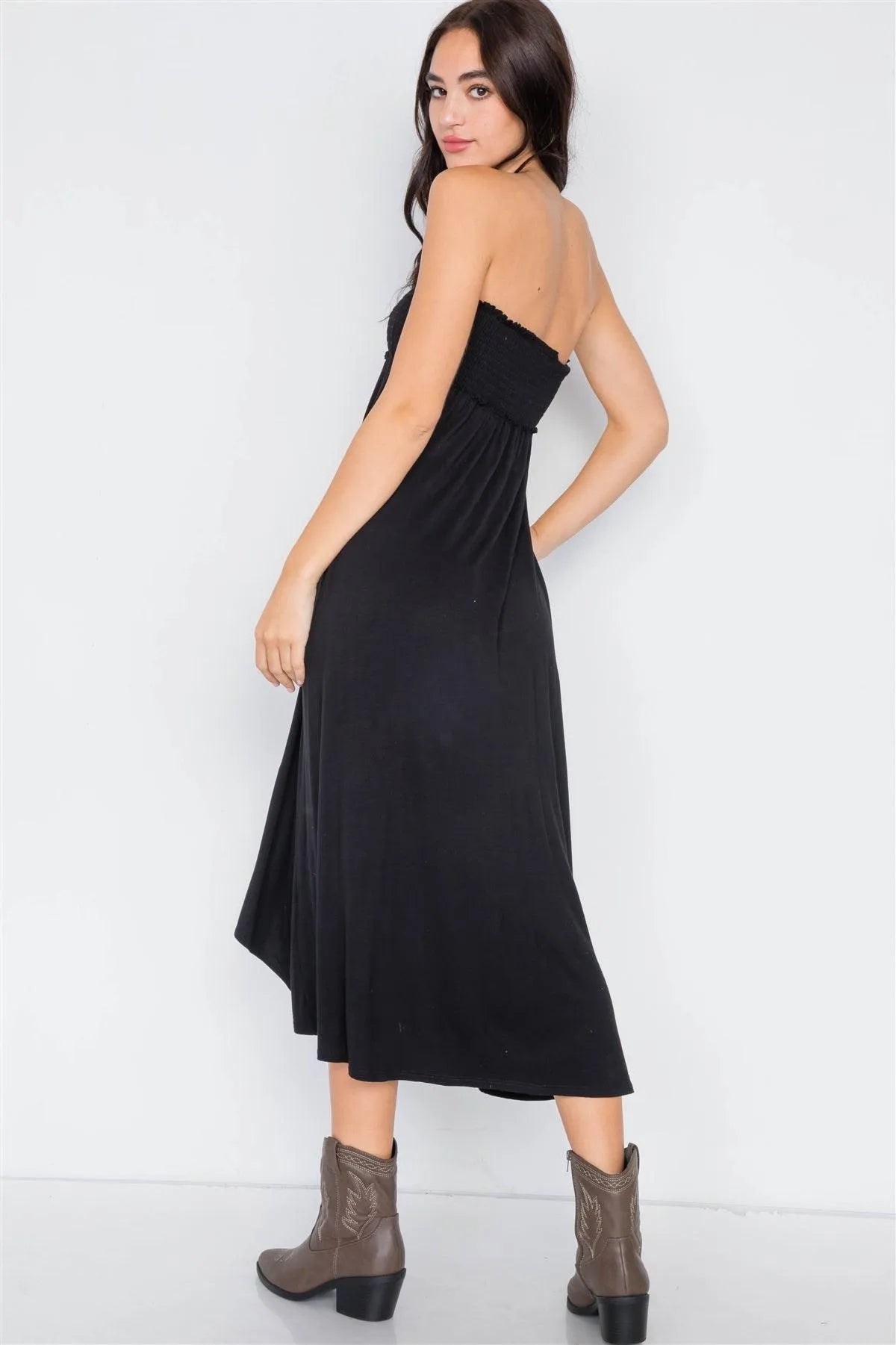 Black Off-The-Shoulder Ruched Tube Top Midi Dress /2-2-2 - Tasha Apparel Wholesale