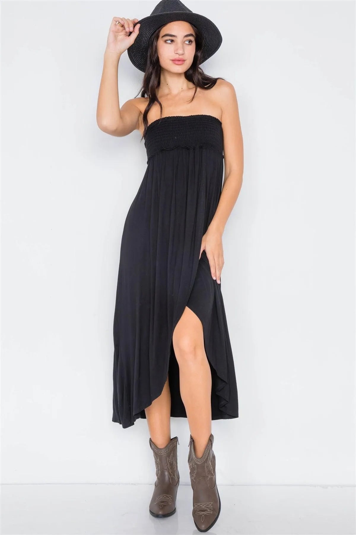 Black Off-The-Shoulder Ruched Tube Top Midi Dress /2-2-2 - Tasha Apparel Wholesale