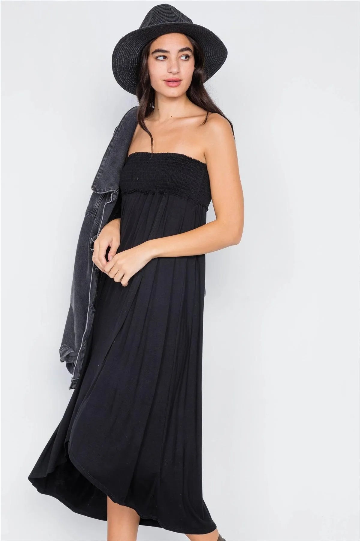 Black Off-The-Shoulder Ruched Tube Top Midi Dress /2-2-2 - Tasha Apparel Wholesale