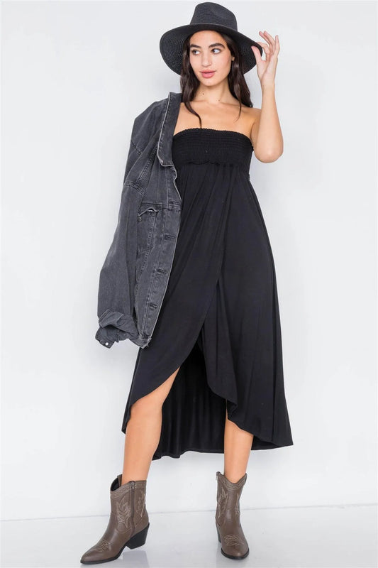Black Off-The-Shoulder Ruched Tube Top Midi Dress /2-2-3 - Tasha Apparel Wholesale