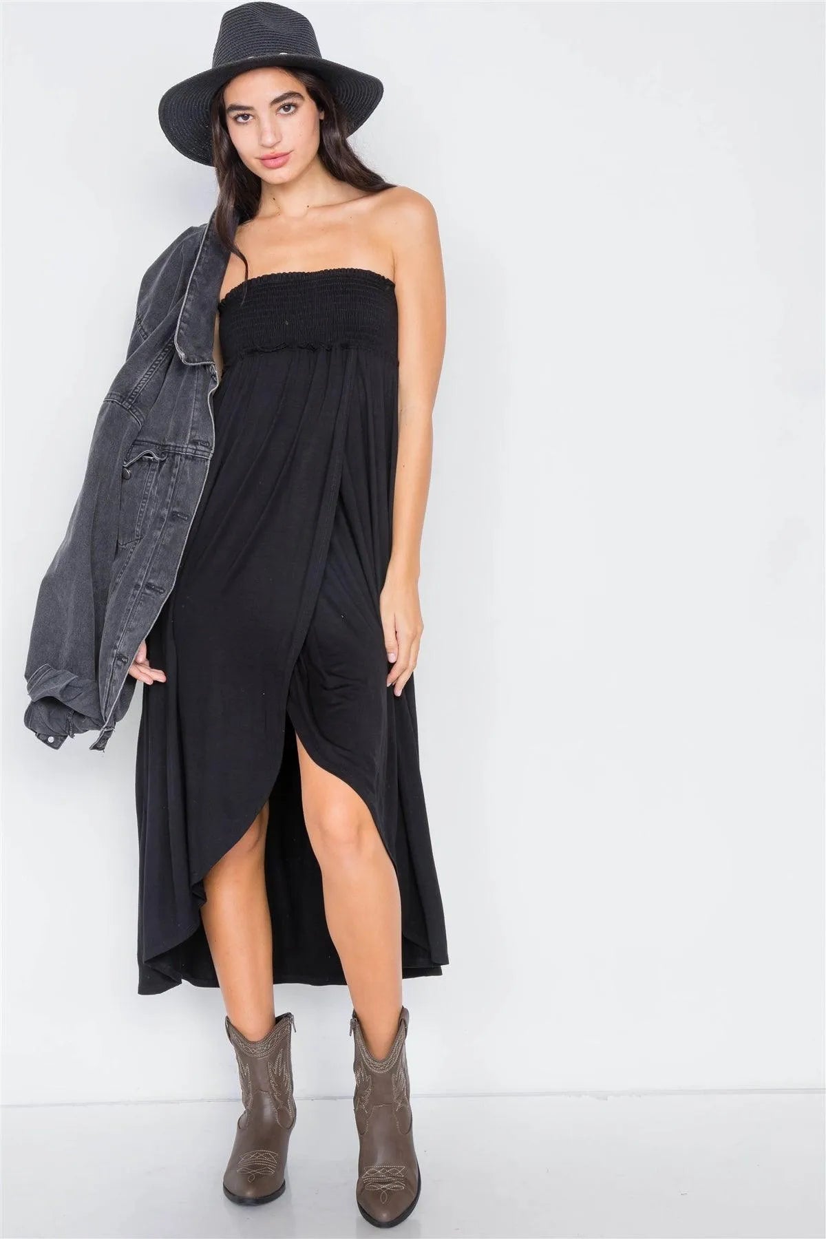 Black Off-The-Shoulder Ruched Tube Top Midi Dress /2-2-3 - Tasha Apparel Wholesale