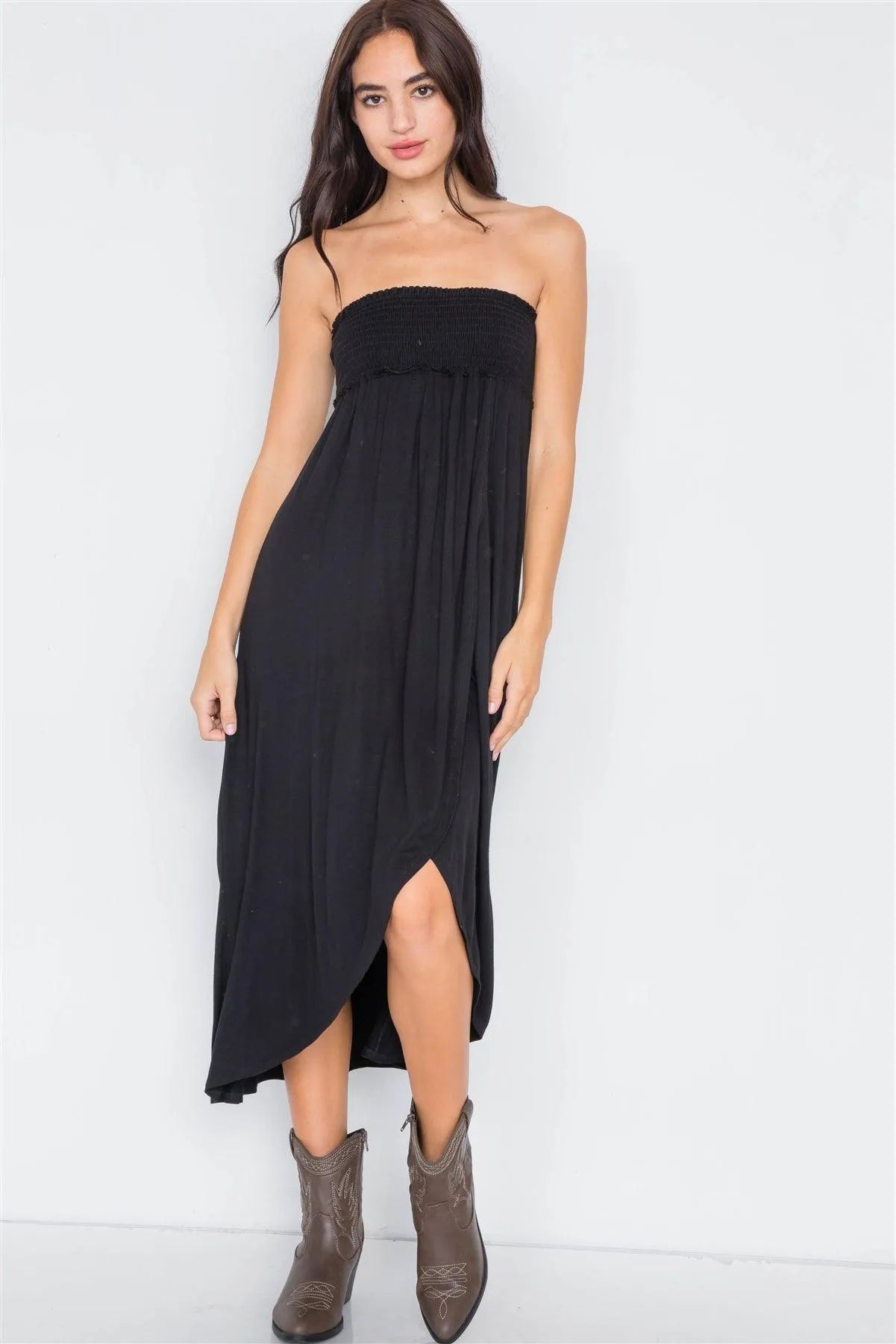 Black Off-The-Shoulder Ruched Tube Top Midi Dress /2-2-3 - Tasha Apparel Wholesale
