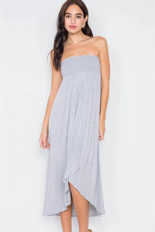 Heather Grey Off-The-Shoulder Ruched Tube Top Midi Dress /2-2-2 - Tasha Apparel Wholesale
