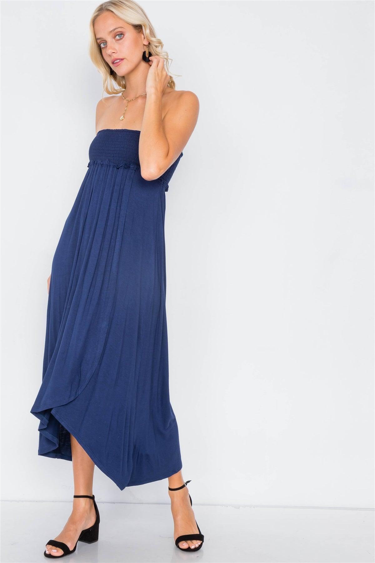 Navy Off-The-Shoulder Ruched Tube Top Midi Dress  /2-2-2