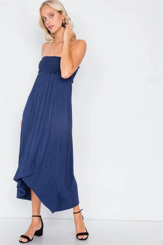 Navy Off-The-Shoulder Ruched Tube Top Midi Dress /2-2-2 - Tasha Apparel Wholesale