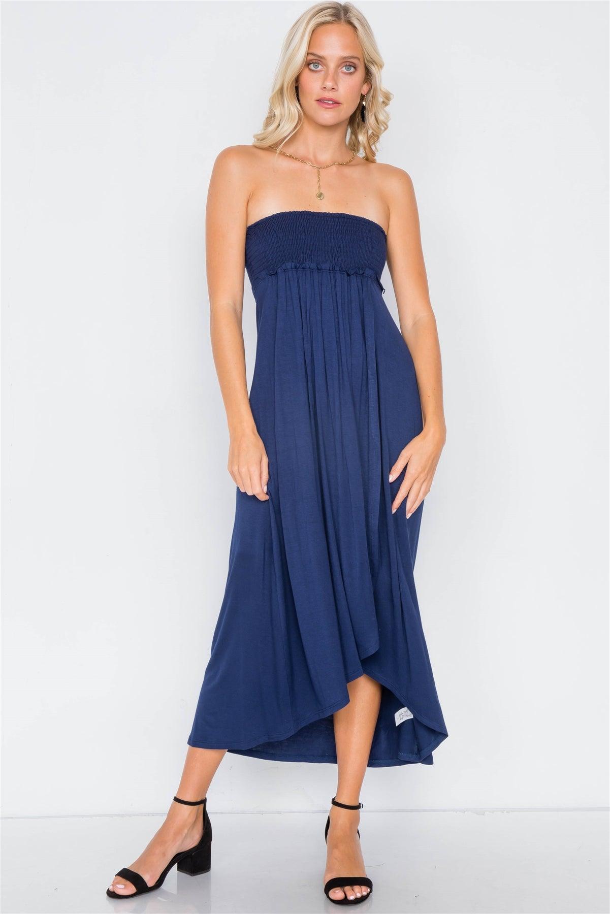 Navy Off-The-Shoulder Ruched Tube Top Midi Dress  /2-2-2