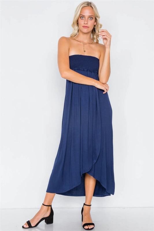 Navy Off-The-Shoulder Ruched Tube Top Midi Dress /2-2-3 - Tasha Apparel Wholesale